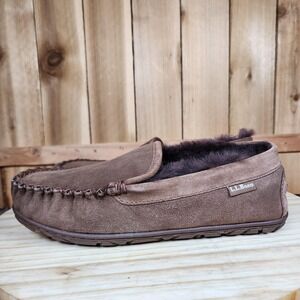 LL Bean Wicked‎ Good Slippers Mens 7 Brown Suede Shearling Moccasin Venetian